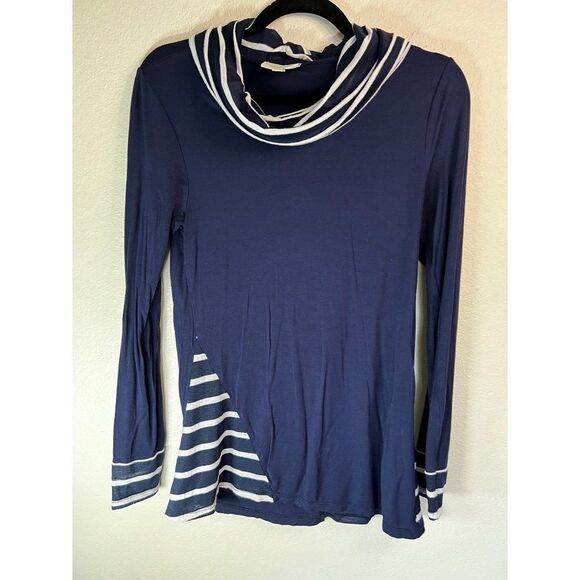 ModCloth Long Sleeve Mock Neck Blouse. Blue & White. Size Small - Picture 9 of 9